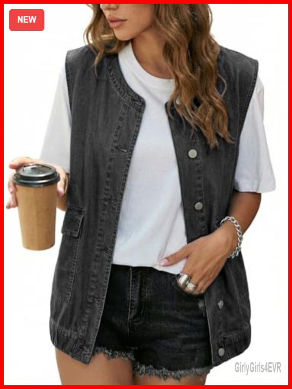Sleeveless Button Down Denim Vest with Pockets Loose Fit